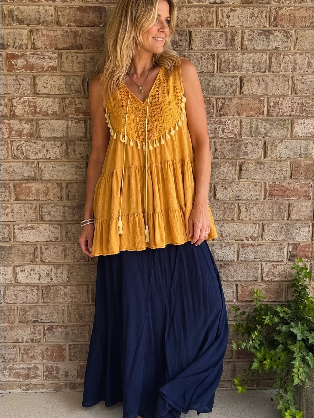 Vestique Mustard Crochet Tassel Boho Tunic Mini Dress M